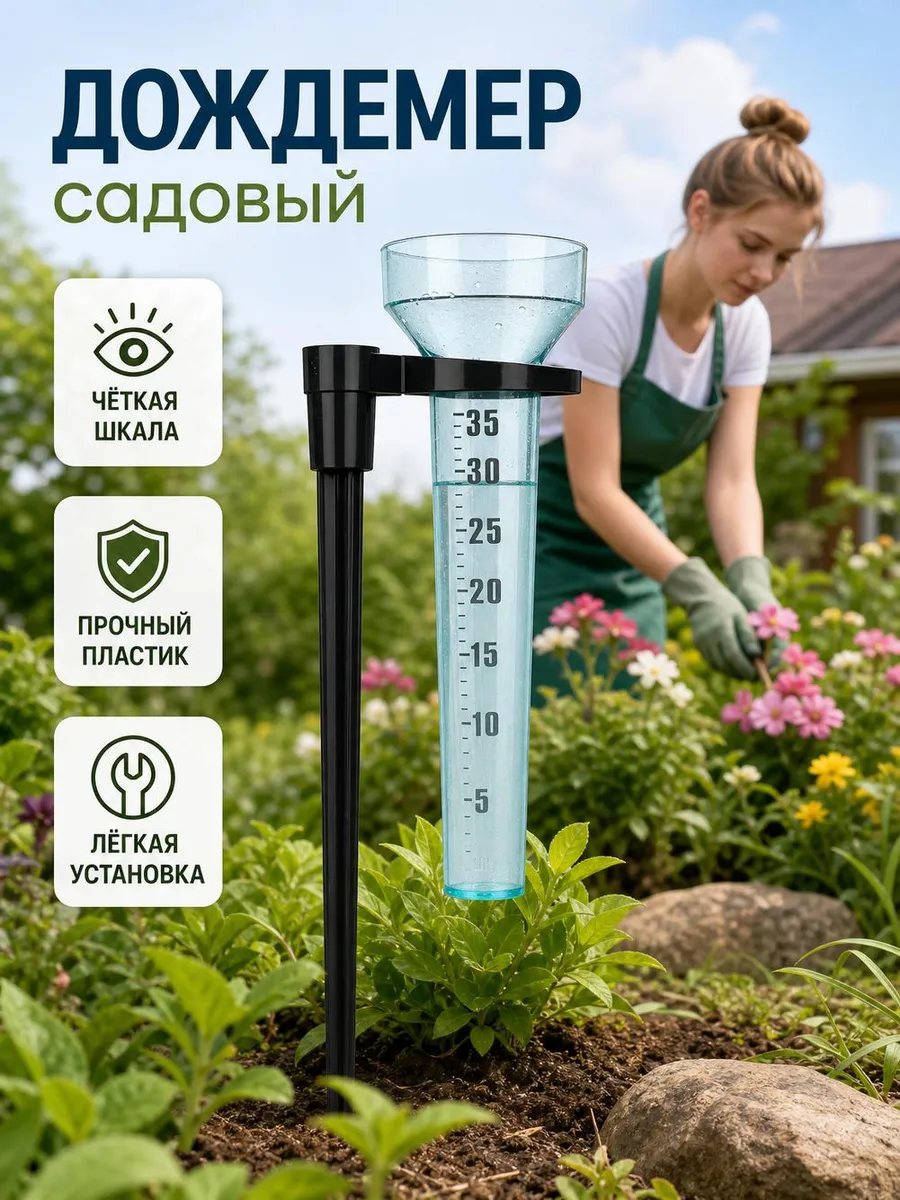 Пластиковый дождемер для сада прозрачный с разметкой осадков
