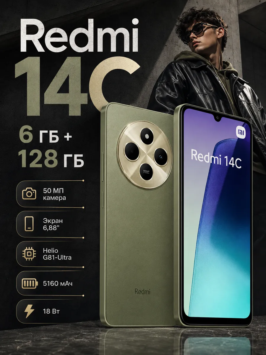 Смартфон redmi 14C 5G 6ГБ+128ГБ Xiaomi 1221216060 купить за 8 851 ₽ в интернет‑магазине Wildberries