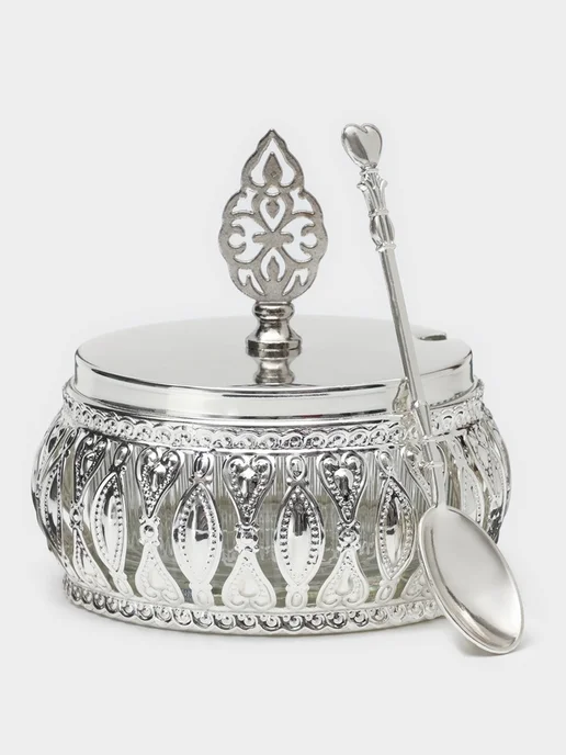 Нет бренда Сахарница Ажур, металл, стекло, 200 мл, серебристая, 200 мл, фото 2