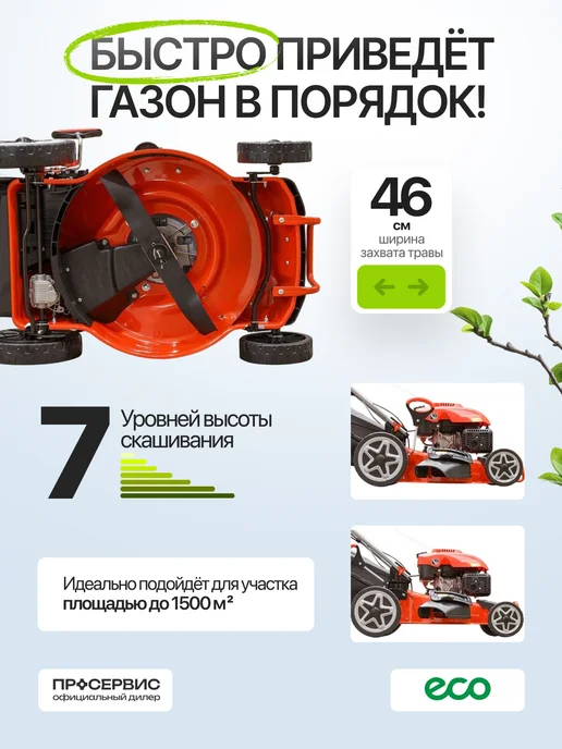 Eco Газонокосилка бензиновая самоходная с травосборником 60л, 60 л, фото 2