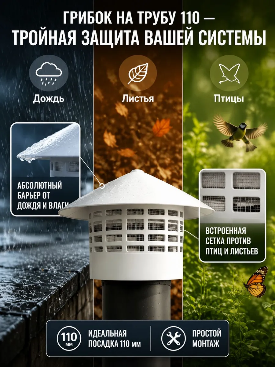грибок на трубу 110, вентиляционный колпак на крышу,с сеткой