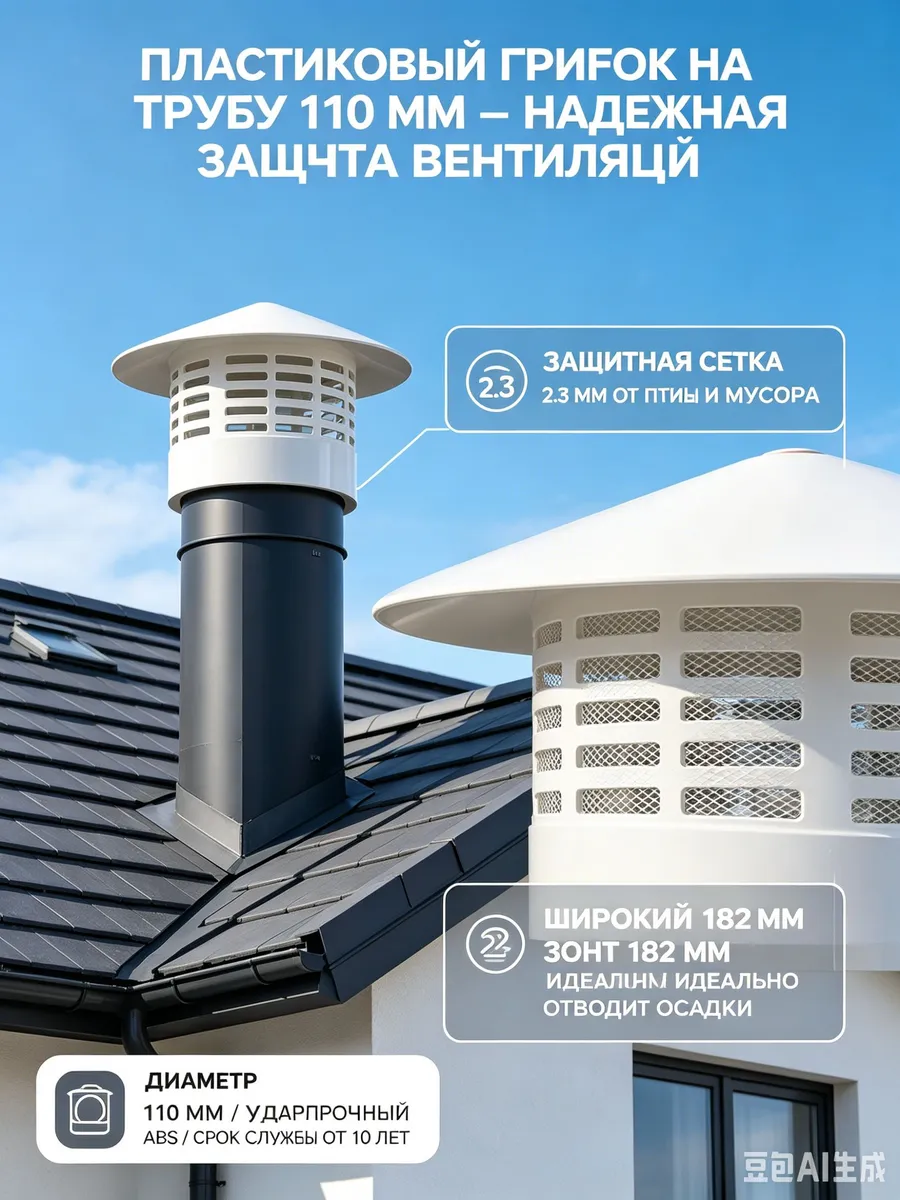 Грибок на трубу 110 мм пластиковый, вентиляционный зонт для