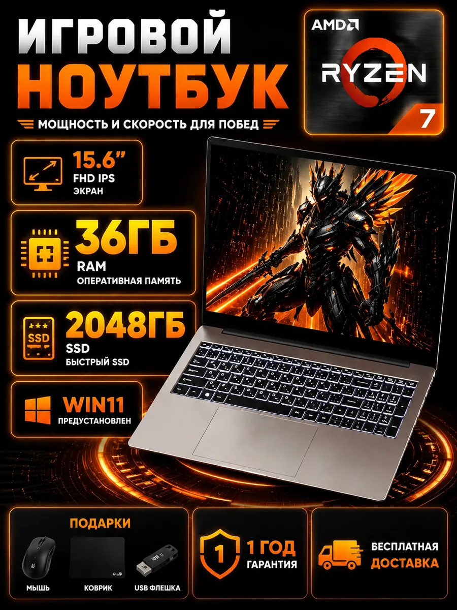 Мощный ноутбук 15.6" на AMD Ryzen 7 / 36 ГБ / 2 ТБ SSD