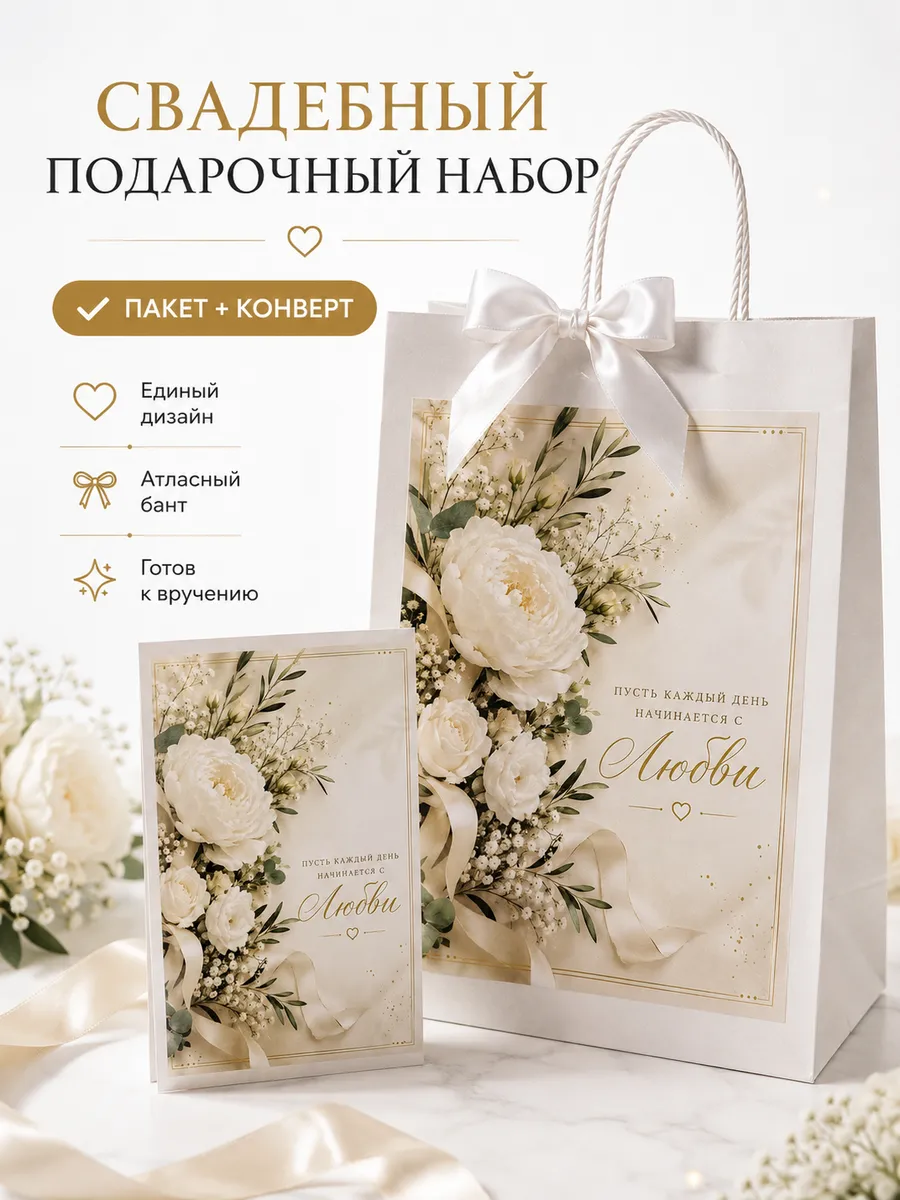 Свадебный подарочный пакет с конвертом для денег