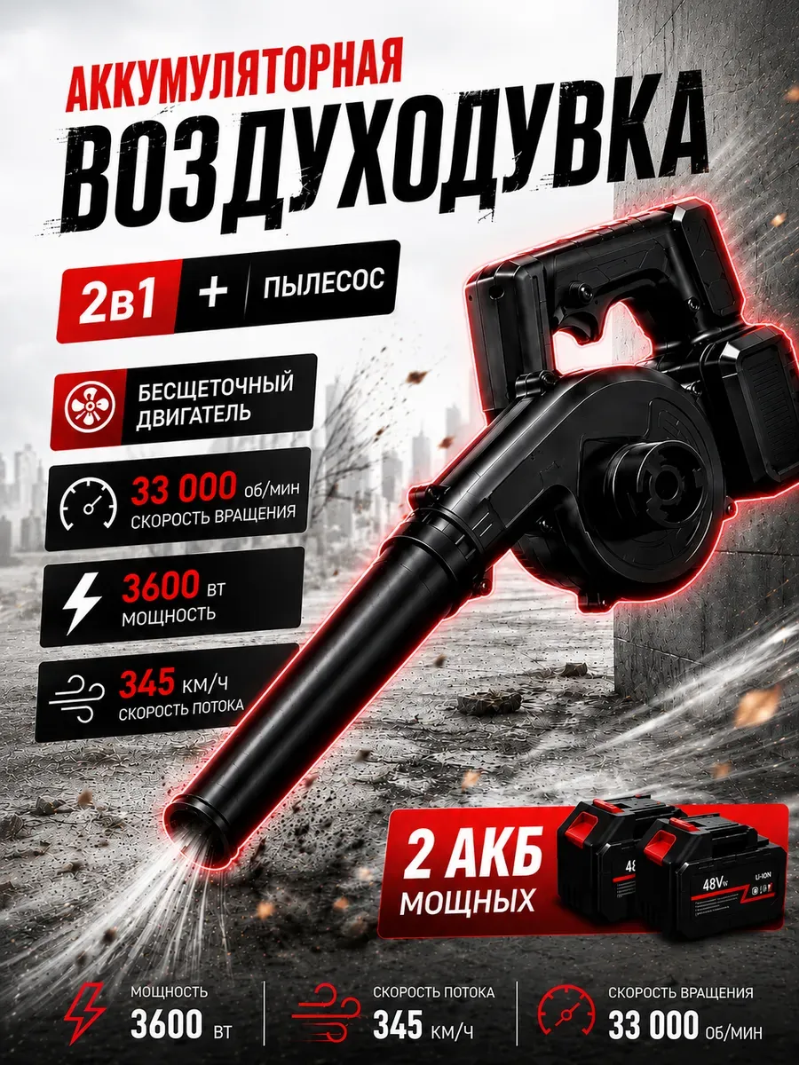 Аккумуляторная воздуходувка 2в1 мощная для листьев и снега