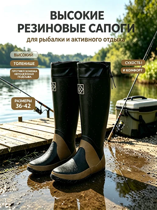 Сапоги резиновые мужские высокие, черный, фото 2