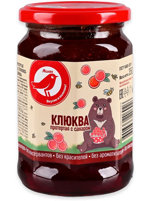 Протертая клюква АШАН Красная птица с сахаром, 350, красный