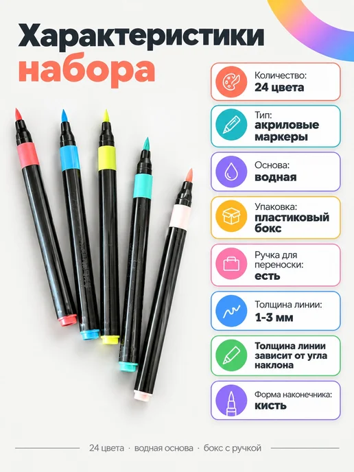 MC-Basir Акриловые маркеры для рисования и росписи 24 цвета в кейсе, 24 цв., фото 2