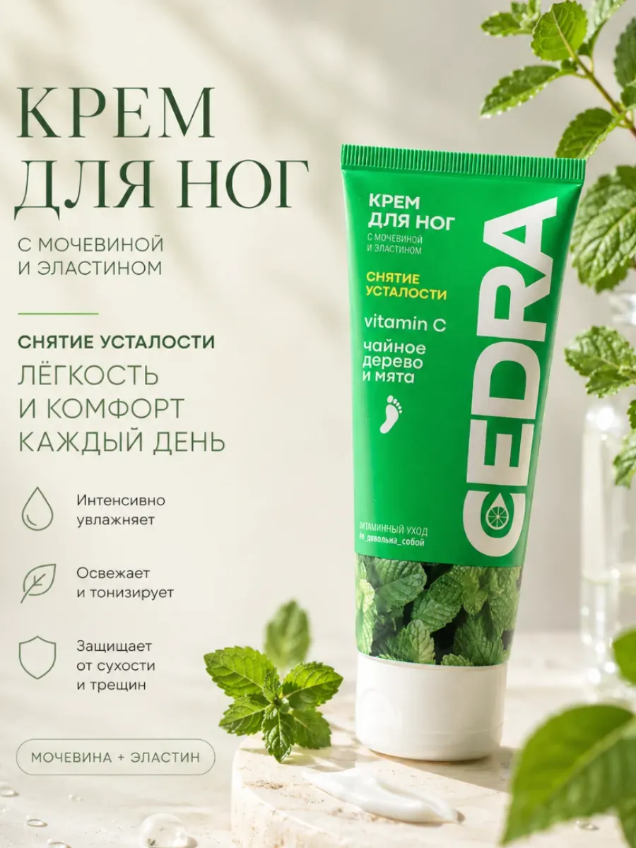 Крем для ног смягчающий с мочевиной, чайное дерево и мята
