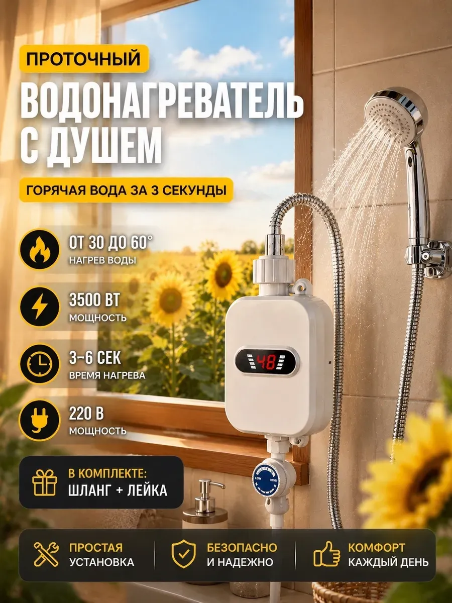 Водонагреватель проточный с душем для ванны и дачи