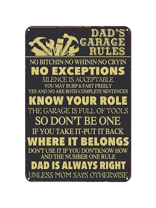 Табличка гараж Dad Rules, винтаж, металлический декор, 40х30, 40x30