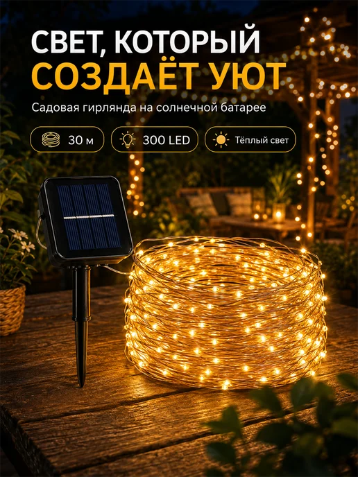 Гирлянда уличная на солнечной батарее 30 метров, 30 м, фото 2