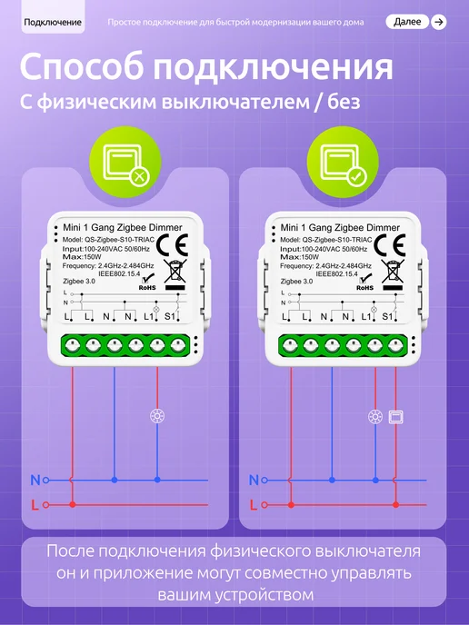 Auronen Умный Zigbee диммер 1канала с Алисой, белый, фото 3