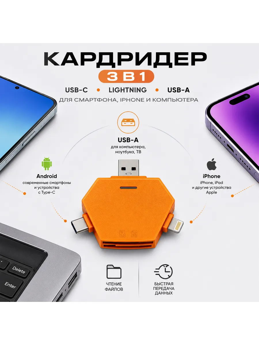 Картридер USB 3.0 3 в 1 для SD и MicroSD USB-C Lightning