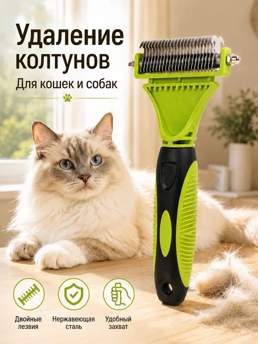 Колтунорез для кошек и собак, удаление колтунов и шерсти, зеленый