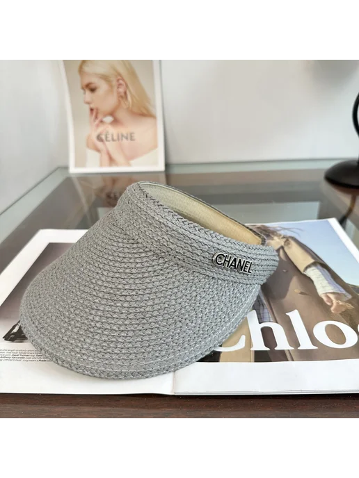 Женский солнцезащитный визор Chanel серый из плетёной соломк, серый, фото 3