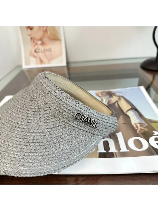 Женский солнцезащитный визор Chanel серый из плетёной соломк, серый, фото 6
