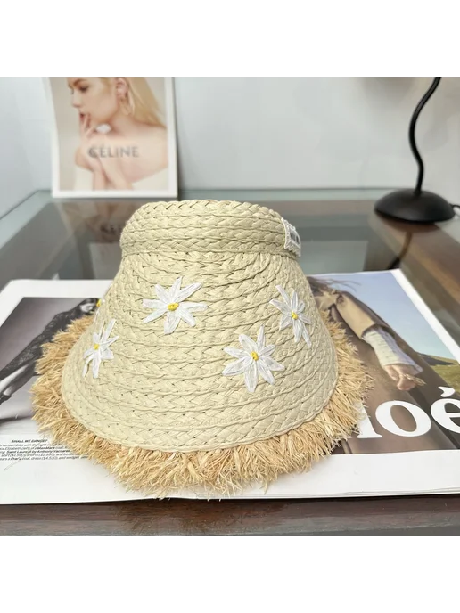 Женский пляжный визор Miu Miu кремовый из соломки с ромашкам, бежевый, фото 4