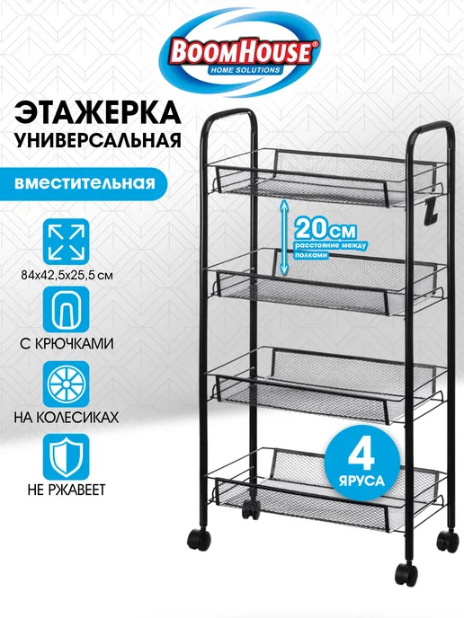 BoomHouse Этажерка на колесиках, тележка с полками офисная бытовая, черный