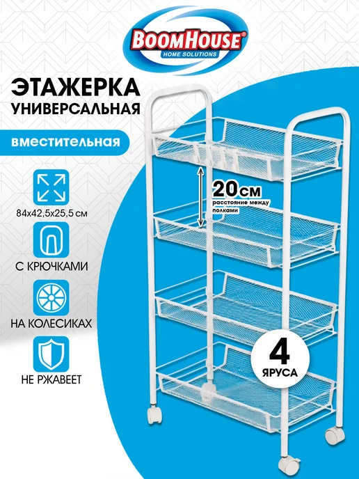 BoomHouse Этажерка на колесиках, тележка с полками офисная бытовая, белый