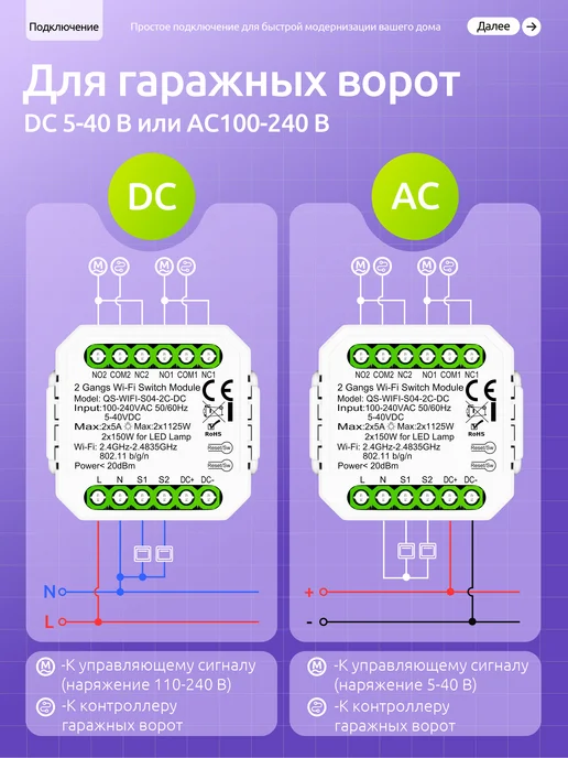 Auronen Умное реле - выключатель 2CH AC DC с Wi-Fi, Алисой, Марусей, белый, фото 4