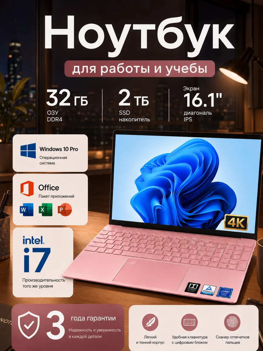 Asus Ноутбук lenovo Intel I7 16.1“ для работы для учебы 32ГБ+ 2TБ