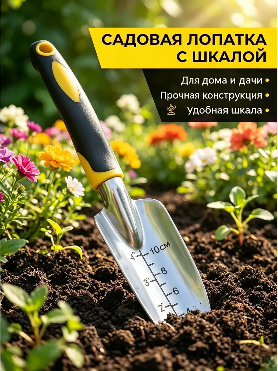 Садовая металлическая лопатка с мерной шкалой