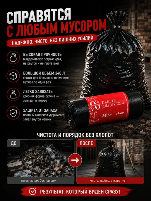VASLINA Мешки для мусора 240л 10шт плотные и прочные, 240 л, 10 шт, фото 4