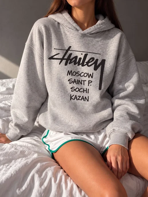 Hello HAILEY Худи оверсайз с принтом и капюшоном серое, серый, фото 2