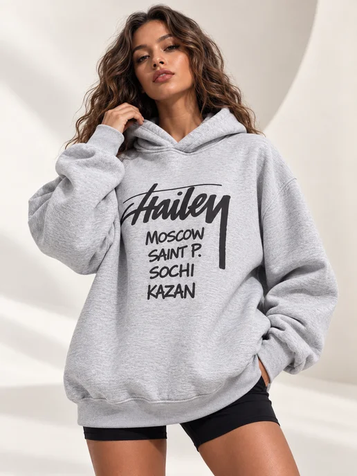Hello HAILEY Худи оверсайз с принтом и капюшоном серое, серый, фото 8