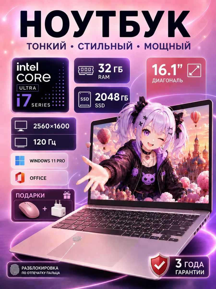 Ноутбук для работы и учебы 16.1"Intel Core Ultra X Series 32 ГБ +2048ГБ