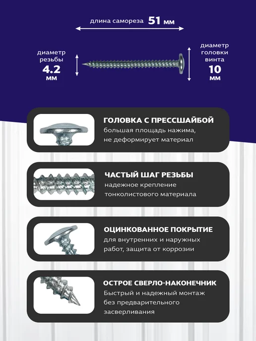 ON WooD Саморезы с прессшайбой острые 4,2х51 мм 50 шт, 50 шт, фото 3