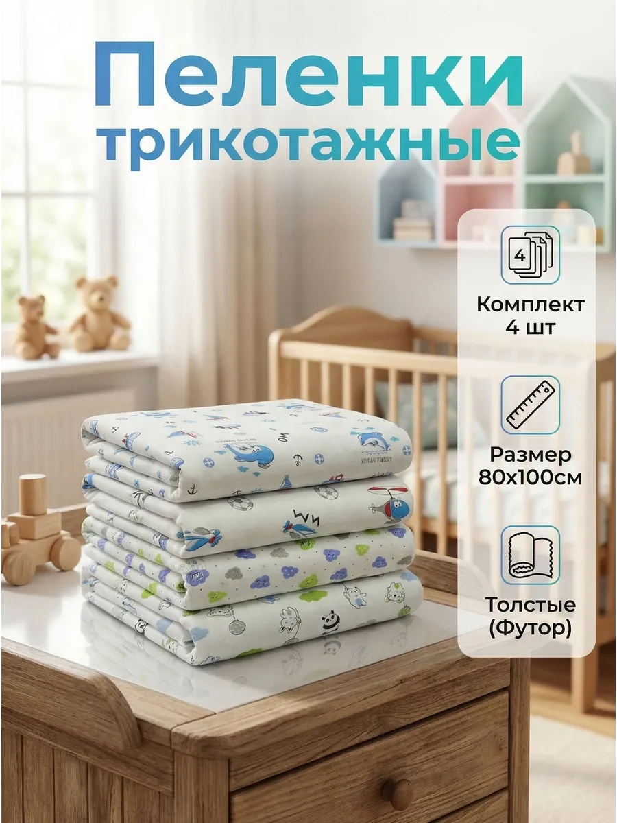 Комплект хлопковых пеленок футер для новорожденных 80х100