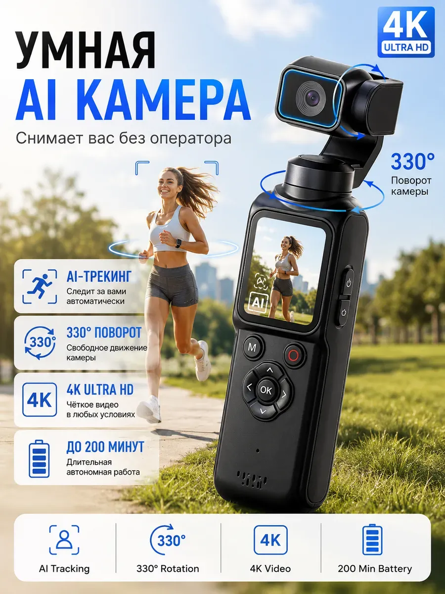 Экшн-камера 4K AI с автотрекингом и поворотом 330°