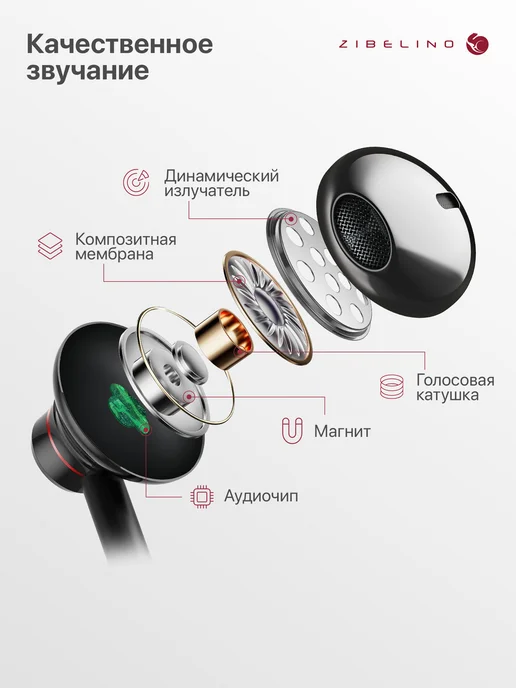 ZIBELINO Наушники проводные с микрофоном с разъемом Jack 3,5, черный, фото 8