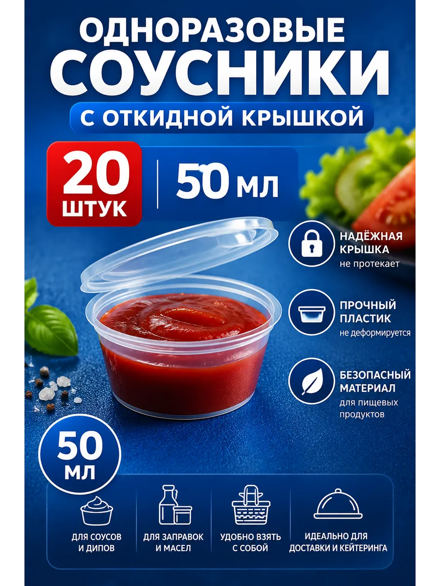 Соусники одноразовые с крышкой 50мл, 20шт