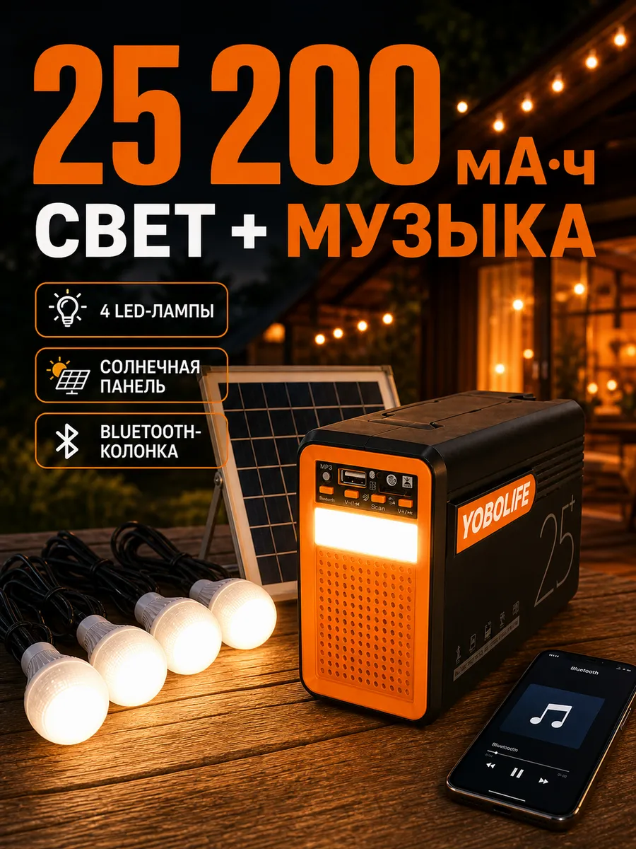 Солнечная система освещения с 4 LED лампами USB