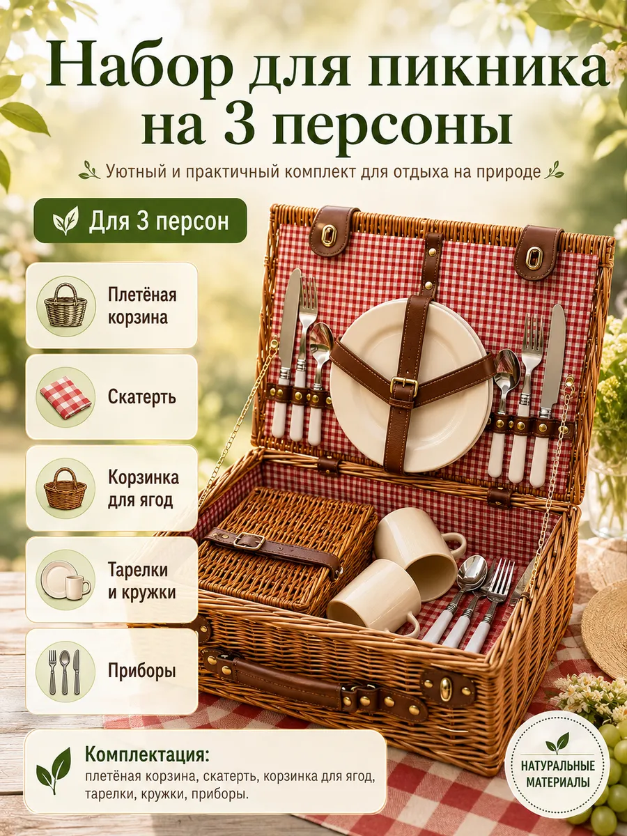 Набор корзина для пикника с посудой