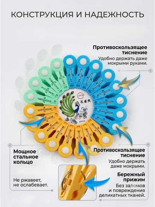 БА85 Прищепки для белья пластиковые бельевые зажимы, 20 шт, 20 шт, фото 2