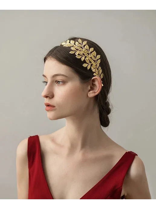 IdealWay Золотая повязка для волос с листьями, F-0557, золотой, фото 4