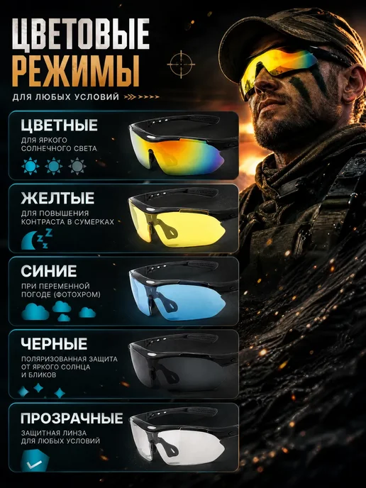 Тактические очки противоосколочные защитные, черный, фото 3