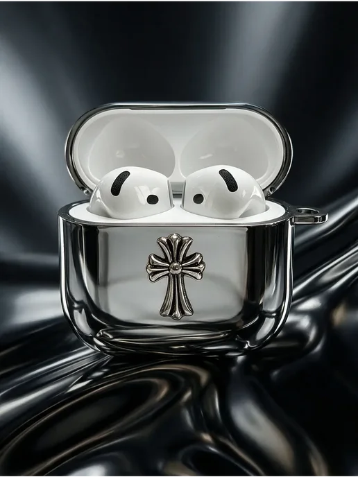 Chrome hearts Чехол для наушников AirPods 4 5 металлик y2k с карабином, серый
