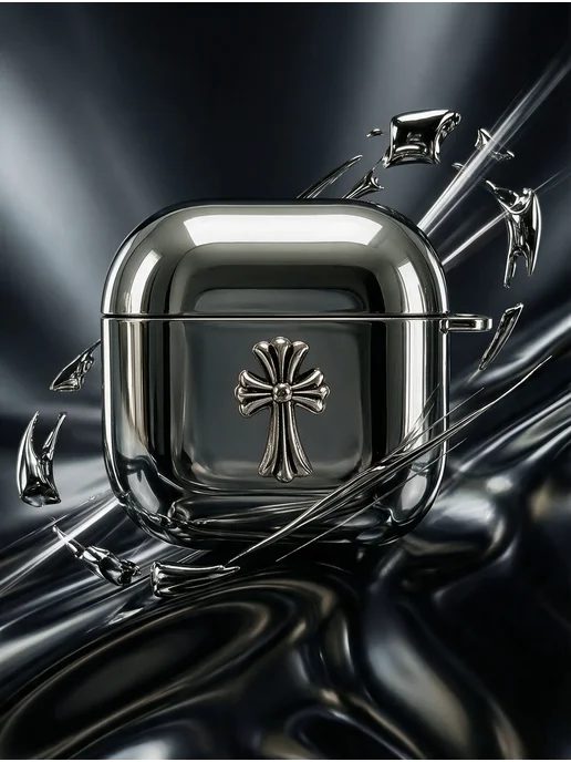 Chrome hearts Чехол для наушников AirPods 4 5 металлик y2k с карабином, серый, фото 2