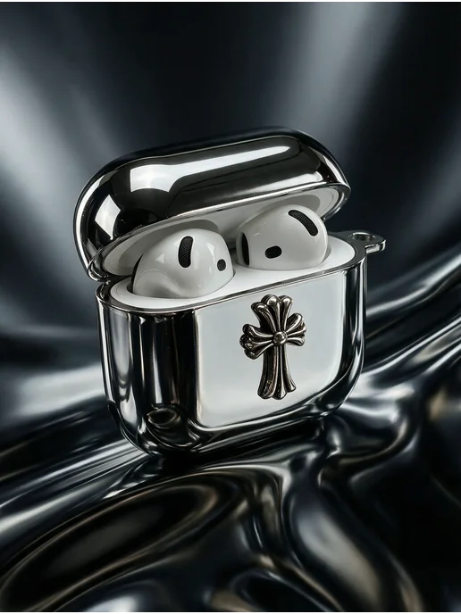Chrome hearts Чехол для наушников AirPods 4 5 металлик y2k с карабином, серый, фото 4