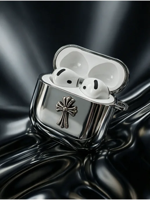 Chrome hearts Чехол для наушников AirPods 4 5 металлик y2k с карабином, серый, фото 7
