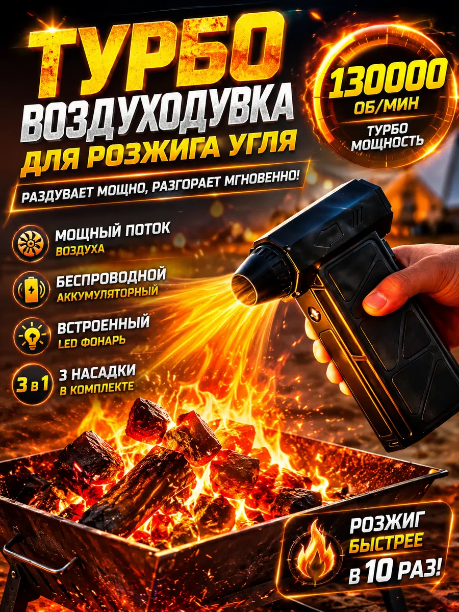 Беспроводной турбо фен для мангала авто пк аккумуляторный