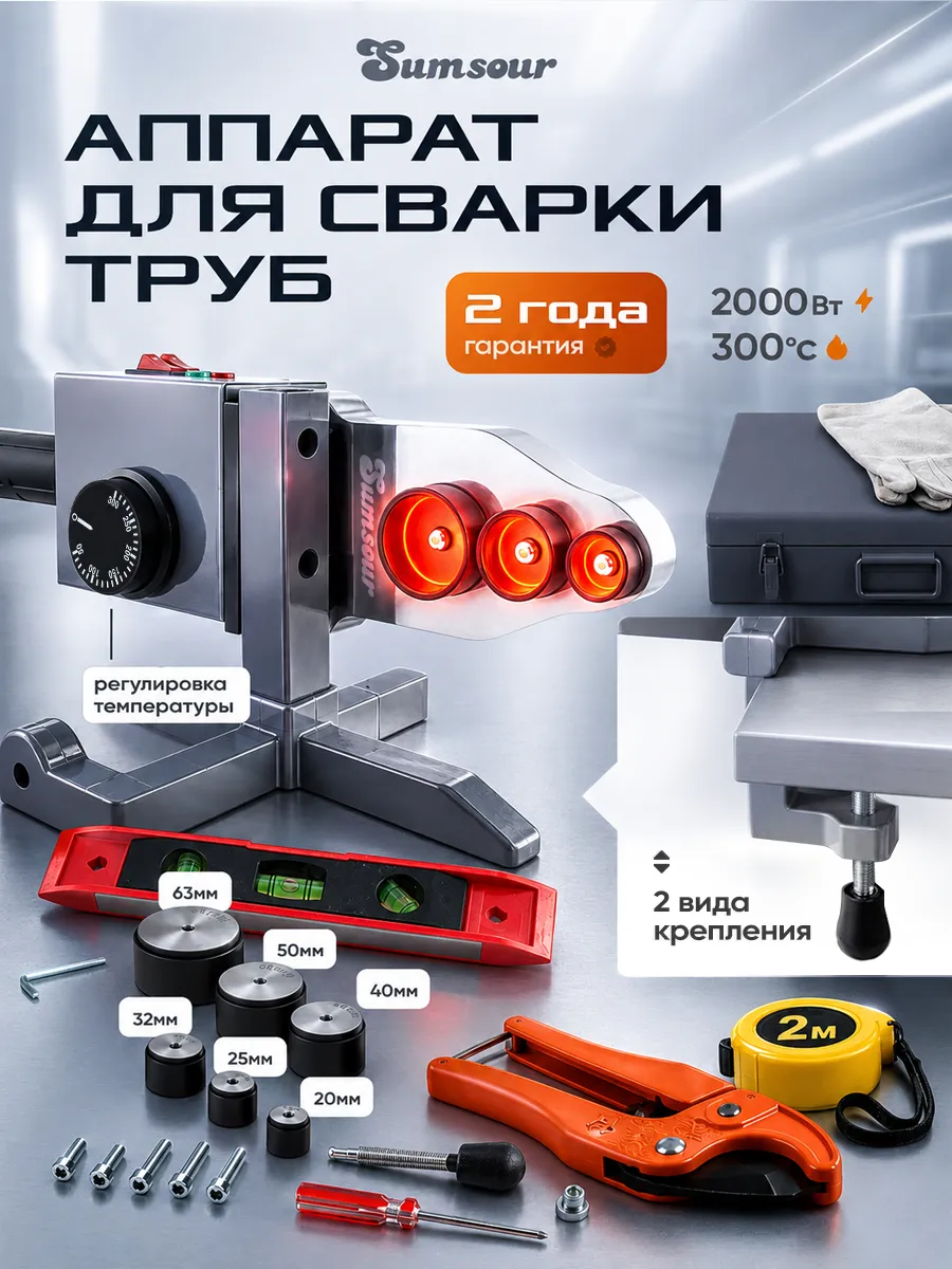 Паяльник для ПВХ труб 2000Вт, 6 насадок, набор с ножницами