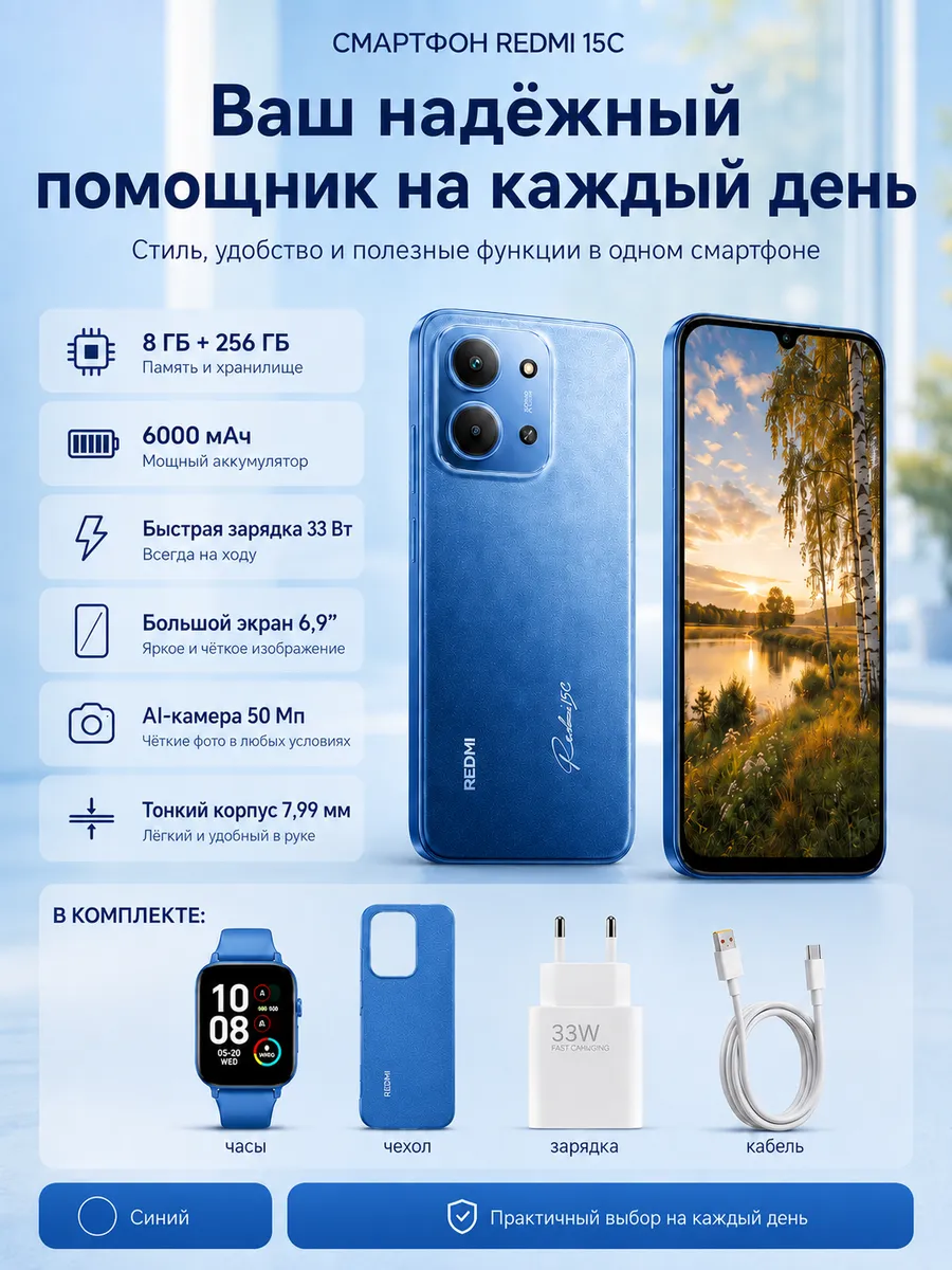 Смартфон REDMI 15C 256+8 ГБ черный Blue