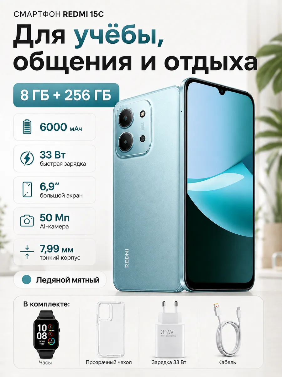 Смартфон REDMI 15C 256+8 ГБ черный Green Xiaomi 1250731405 купить в интернет‑магазине Wildberries
