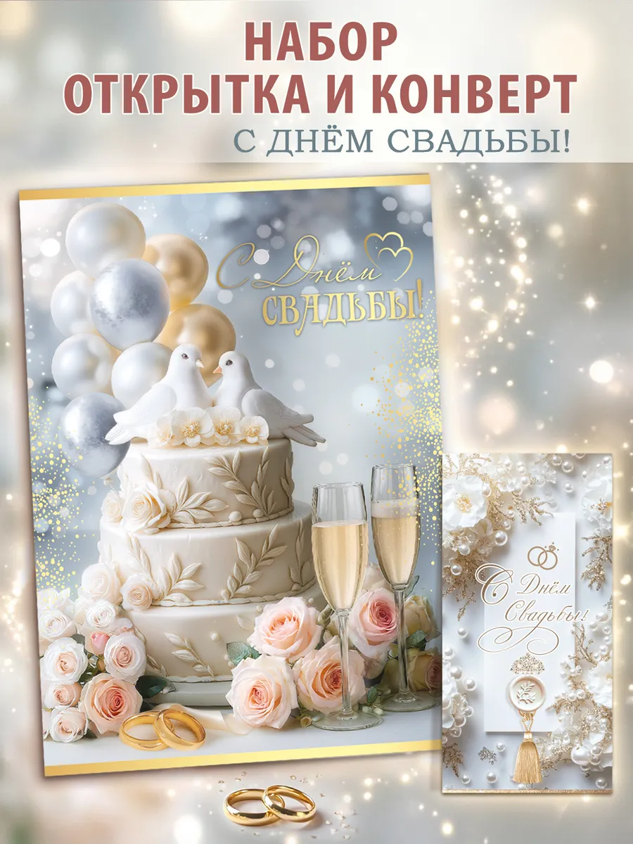 Открытка на свадьбу с конвертом для денег, А4
